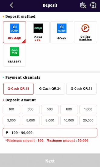 Step 2: Select the GCashQR deposit method and choose a payment channel.