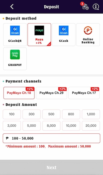 Step 1: Select Maya deposit method and choose a payment channel.